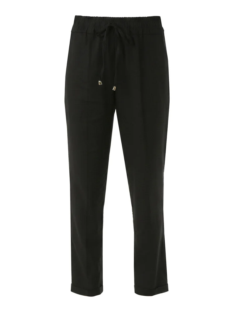 Pantaloni donna in misto lino con risvolti - nero