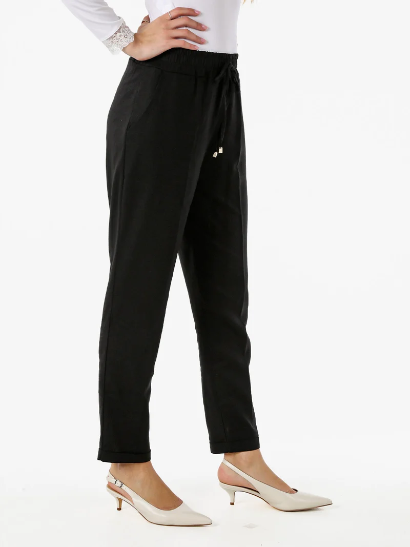 Pantaloni donna in misto lino con risvolti - nero