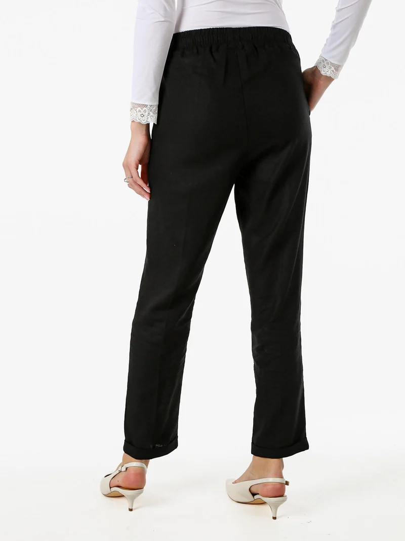 Pantaloni donna in misto lino con risvolti - nero