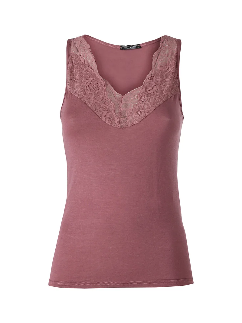 Top donna a spalla larga con scollo di pizzo - porpora