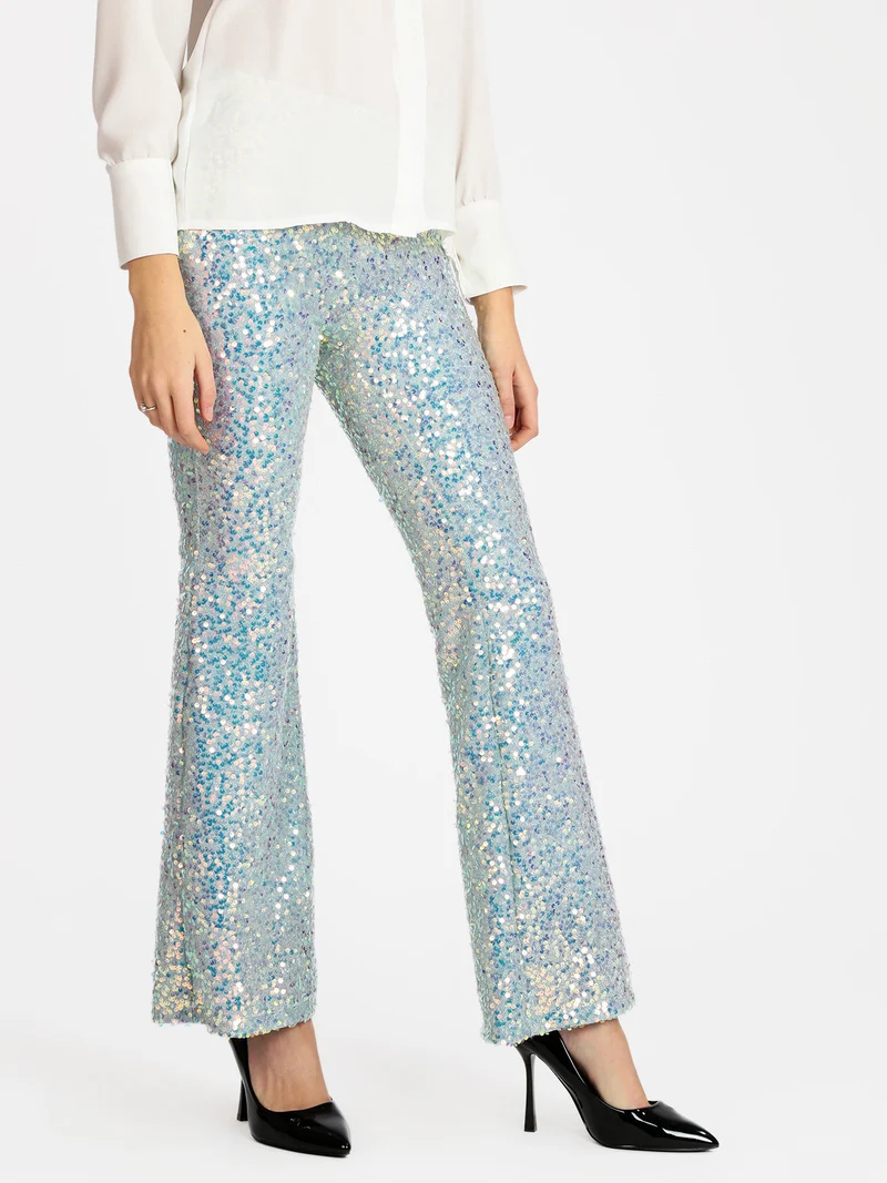Pantaloni a zampa con pailettes - celeste