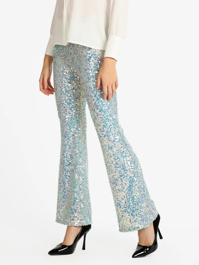 Pantaloni a zampa con pailettes - celeste