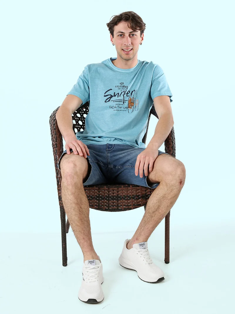 T-shirt da uomo in cotone con stampa - turchese