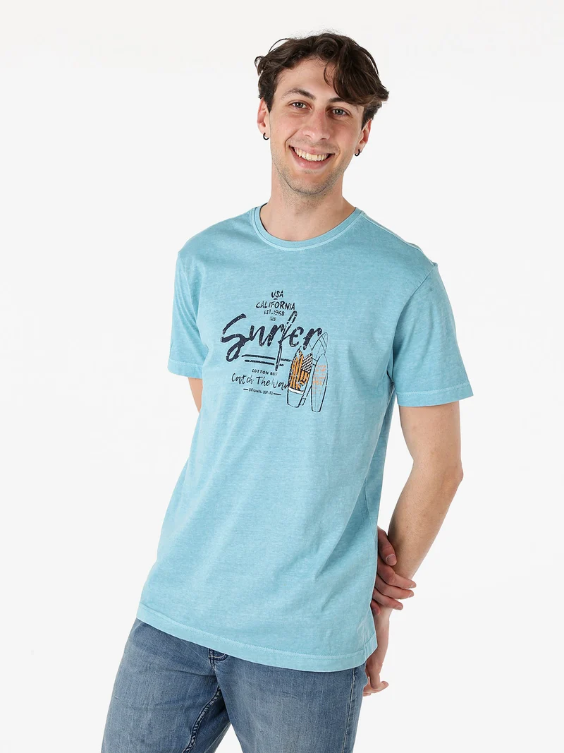 T-shirt da uomo in cotone con stampa - turchese