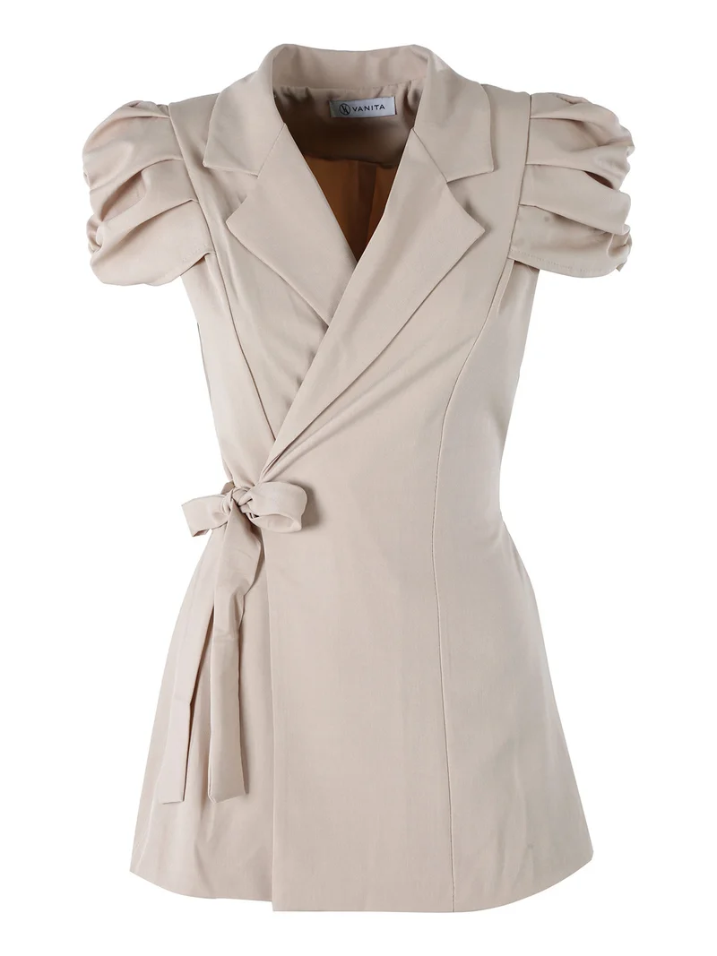 Blazer donna incrociato a maniche corte con spalle a sbuffo - beige