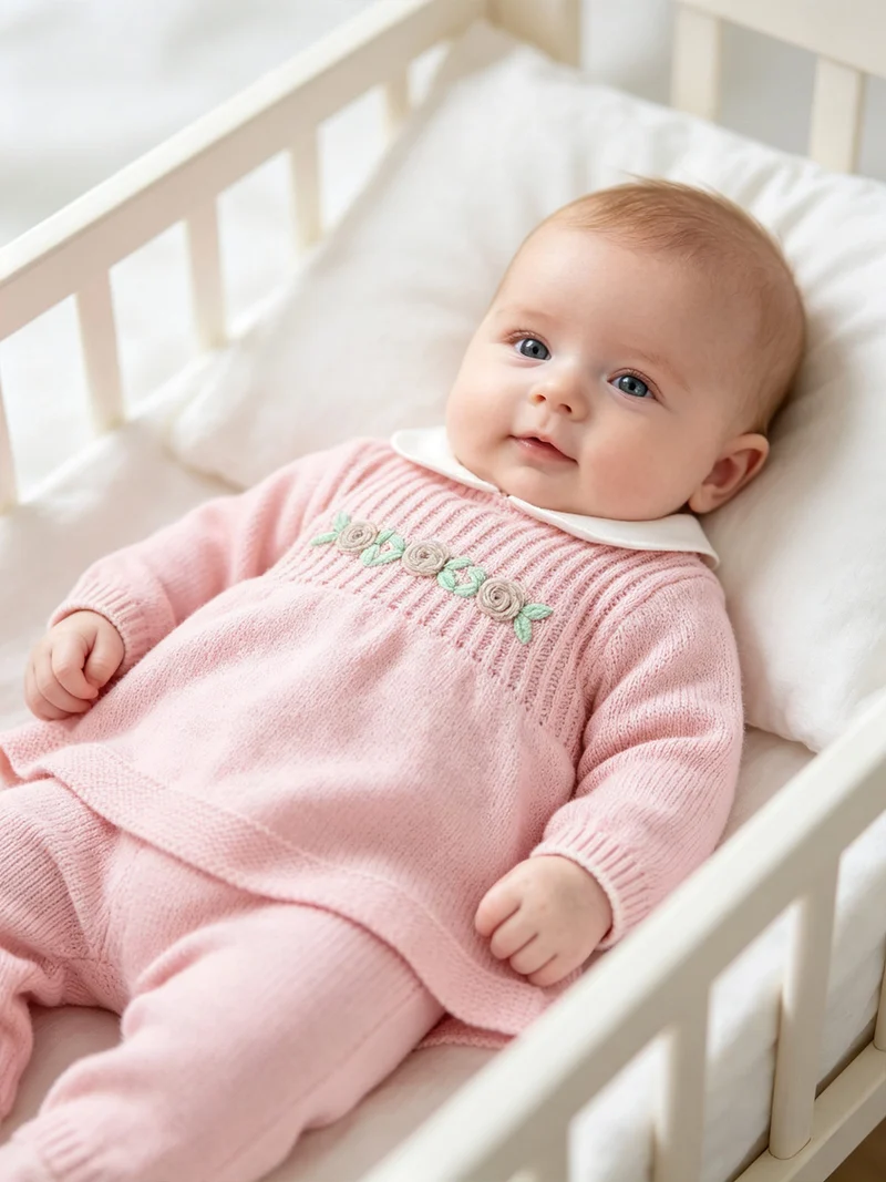 Completo 2 pezzi da neonata in maglia con colletto - rosa