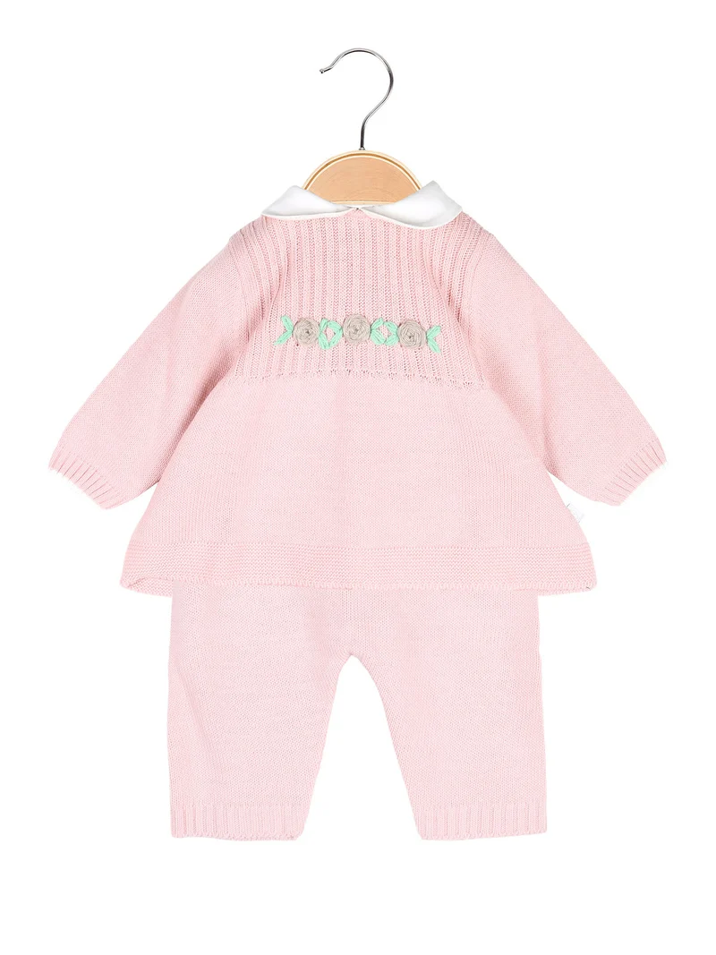 Completo 2 pezzi da neonata in maglia con colletto - rosa