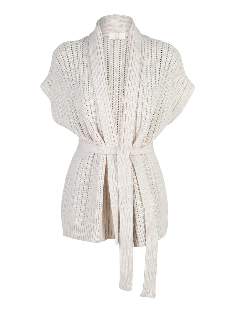 Cardigan donna smanicato in maglia traforata con cintura - beige