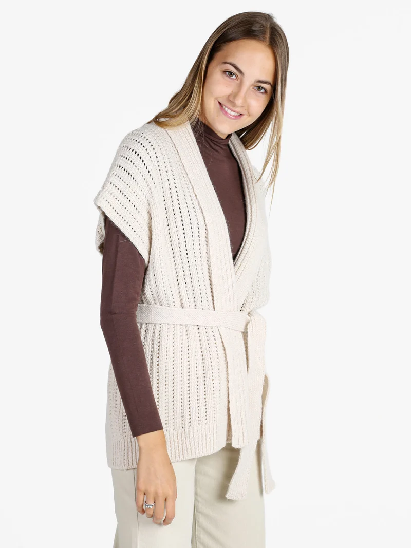 Cardigan donna smanicato in maglia traforata con cintura - beige