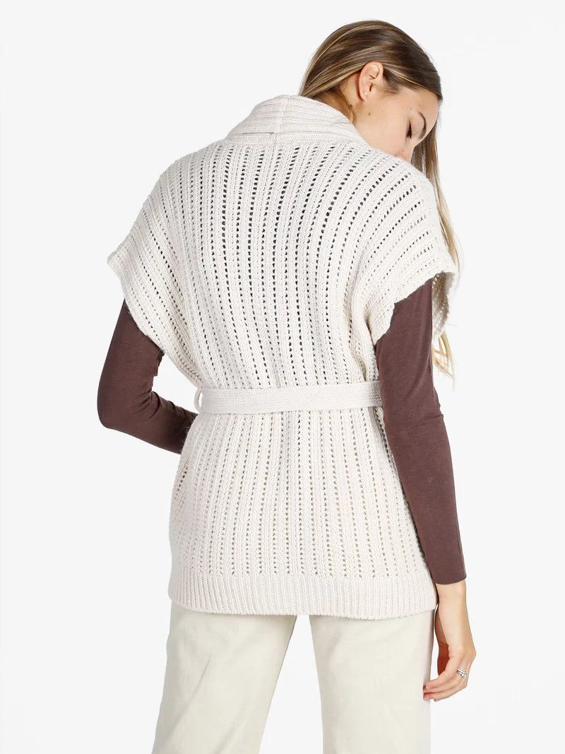 Cardigan donna smanicato in maglia traforata con cintura - beige