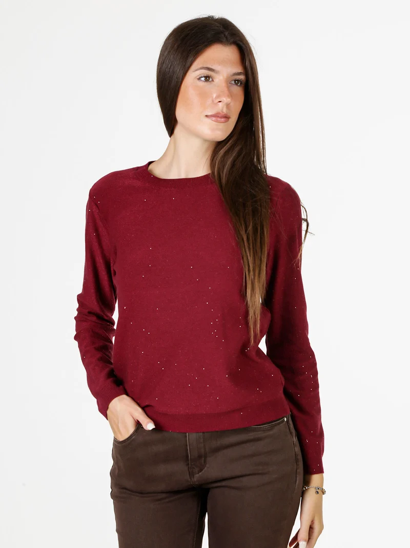 Maglia girocollo da donna con mini paillettes - bordeaux