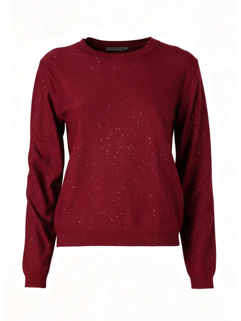 Maglia girocollo da donna con mini paillettes - bordeaux