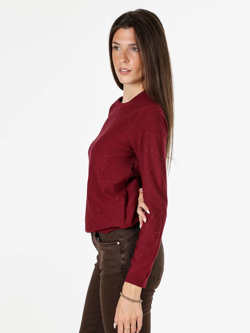 Maglia girocollo da donna con mini paillettes - bordeaux