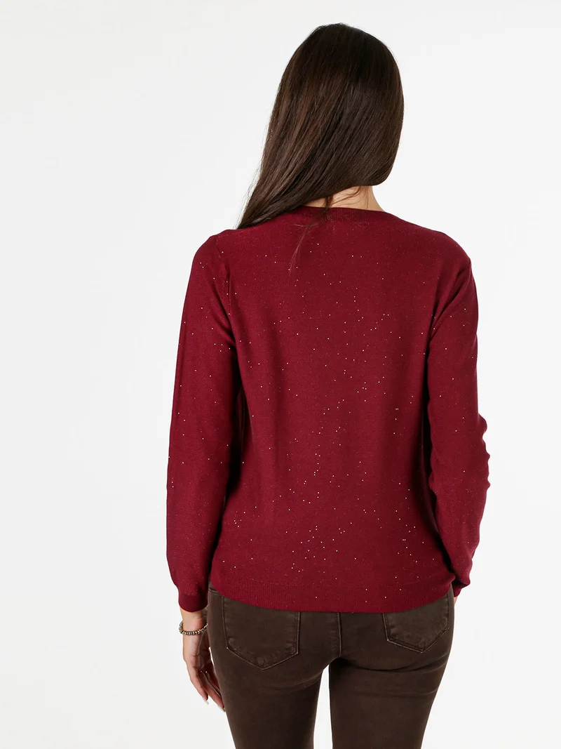 Maglia girocollo da donna con mini paillettes - bordeaux
