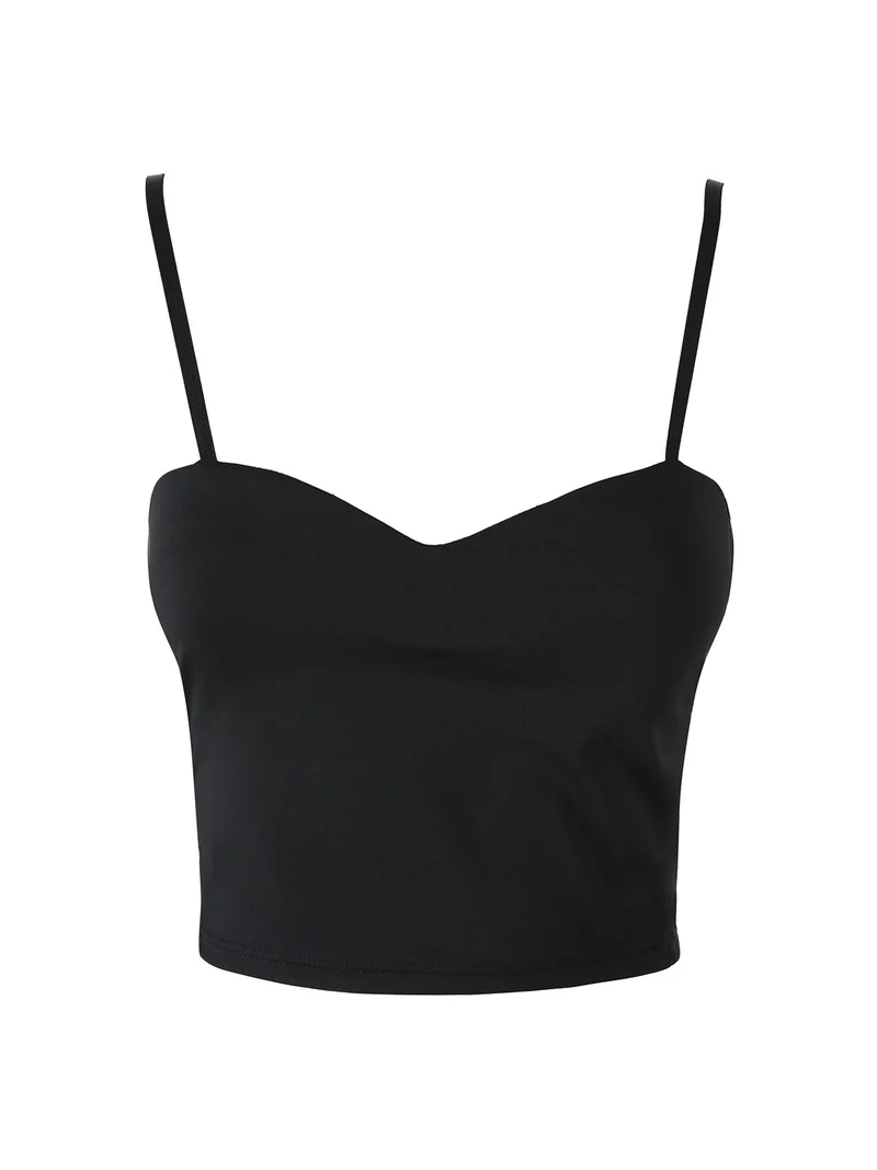 Top cropped da donna con scollo a cuore imbottito e spalline strette - nero