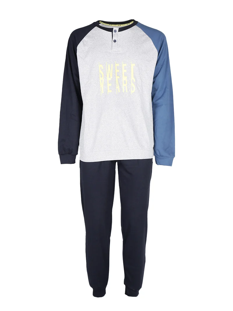 Pigiama lungo da uomo in caldo cotone interlock - blu scuro