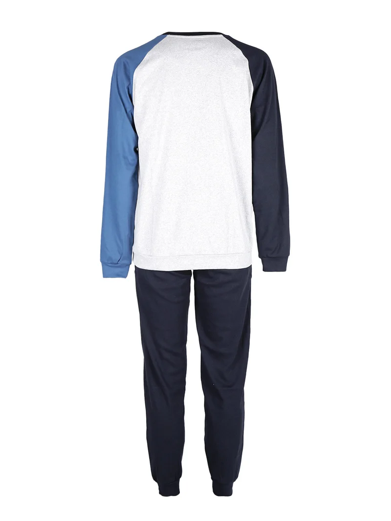 Pigiama lungo da uomo in caldo cotone interlock - blu scuro