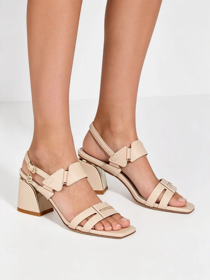 Sandali donna con tacco largo e cinturino alla caviglia con fibbia - beige