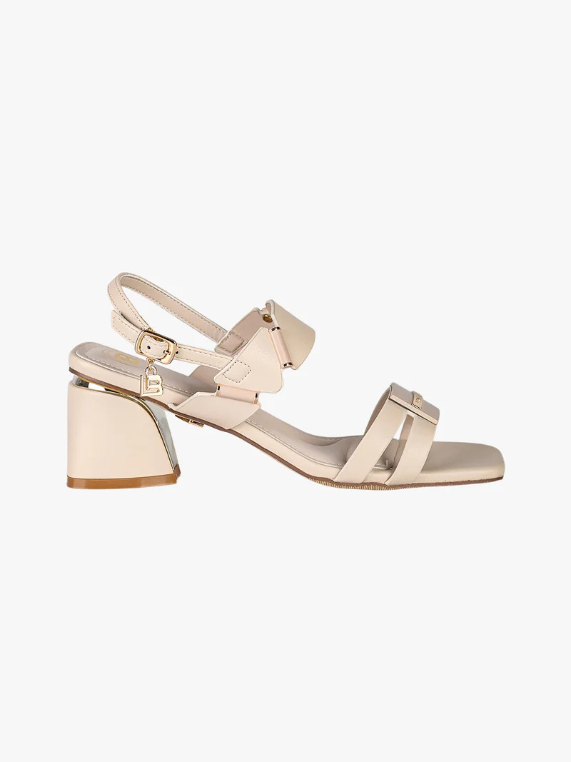 Sandali donna con tacco largo e cinturino alla caviglia con fibbia - beige