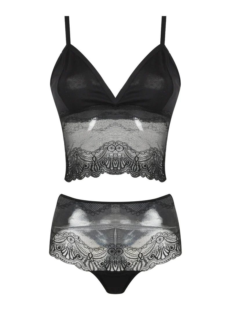 Coordinato intimo donna misto cotone con pizzo - nero