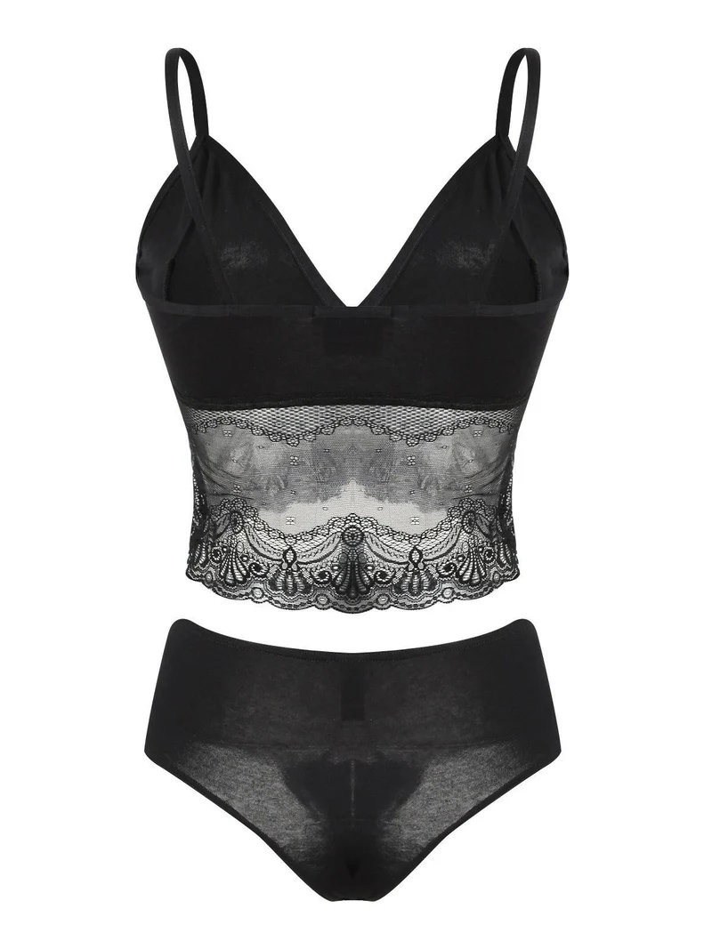Coordinato intimo donna misto cotone con pizzo - nero