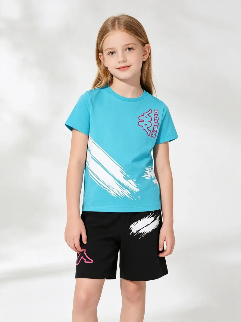 Completo corto da ragazza in cotone con t-shirt e shorts - turchese
