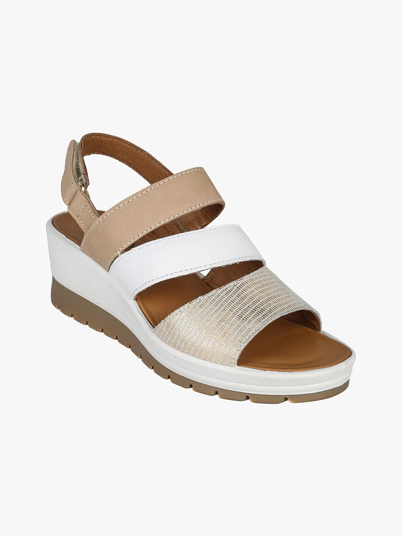 Sandali donna in pelle con zeppa e cinturini a strappo - platino