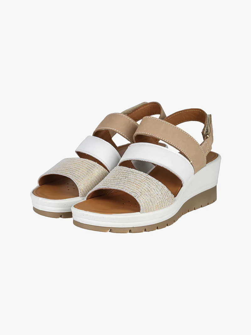 Sandali donna in pelle con zeppa e cinturini a strappo - platino