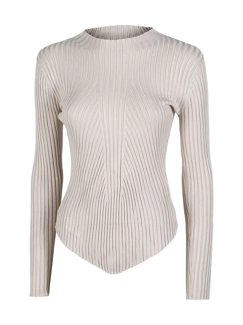 Maglia donna a costine con finale a punta - beige