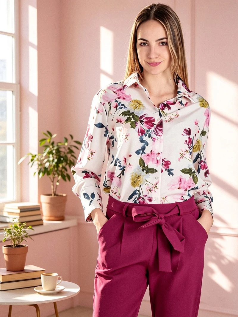 Camicia donna fiorata a maniche lunghe - rosa