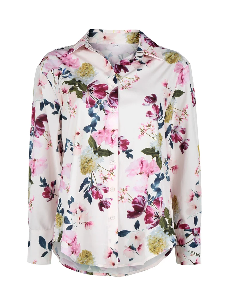 Camicia donna fiorata a maniche lunghe - rosa