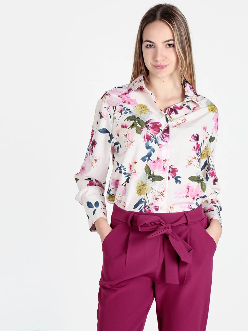 Camicia donna fiorata a maniche lunghe - rosa