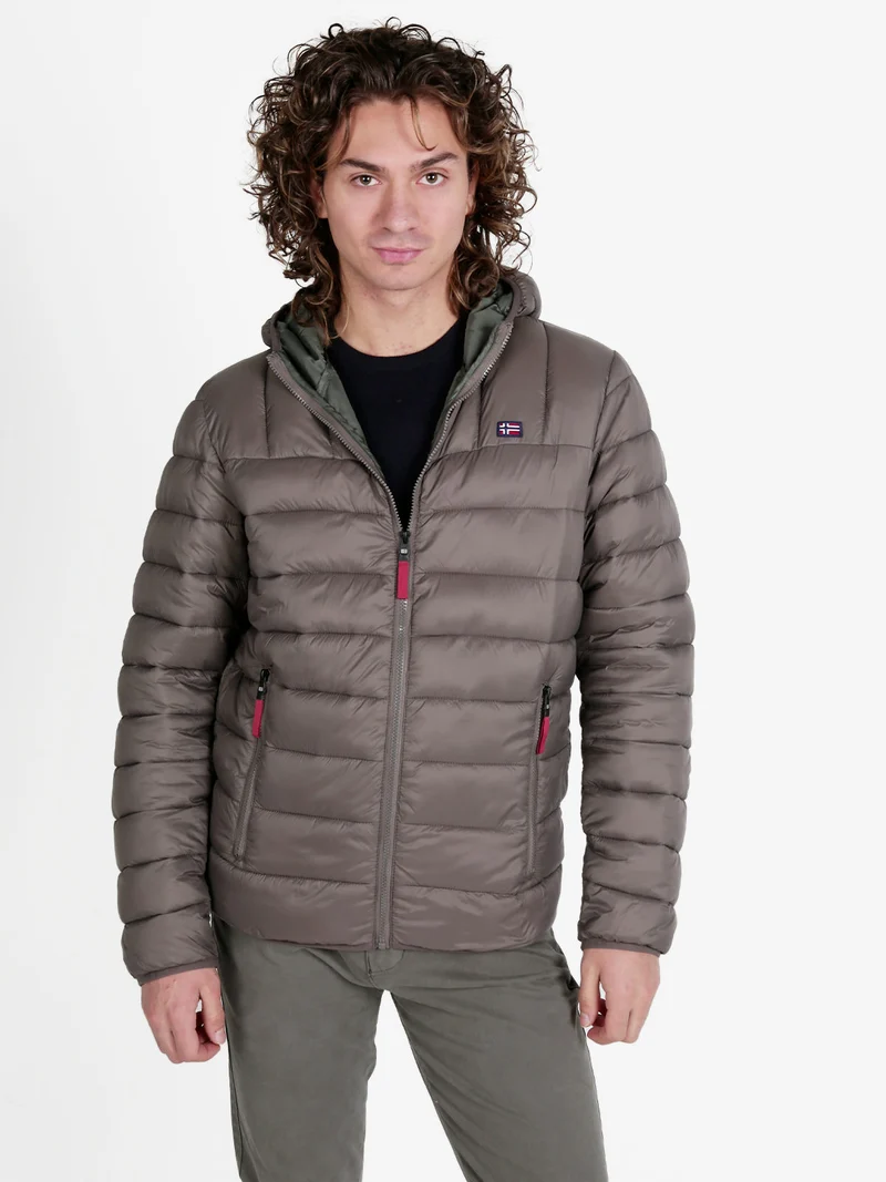 Piumino da uomo con cappuccio e zip - marrone