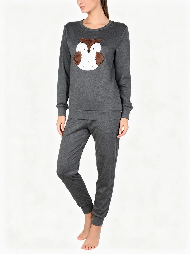 Pigiama lungo da donna in cotone interlock con stampa pelosa - grigio