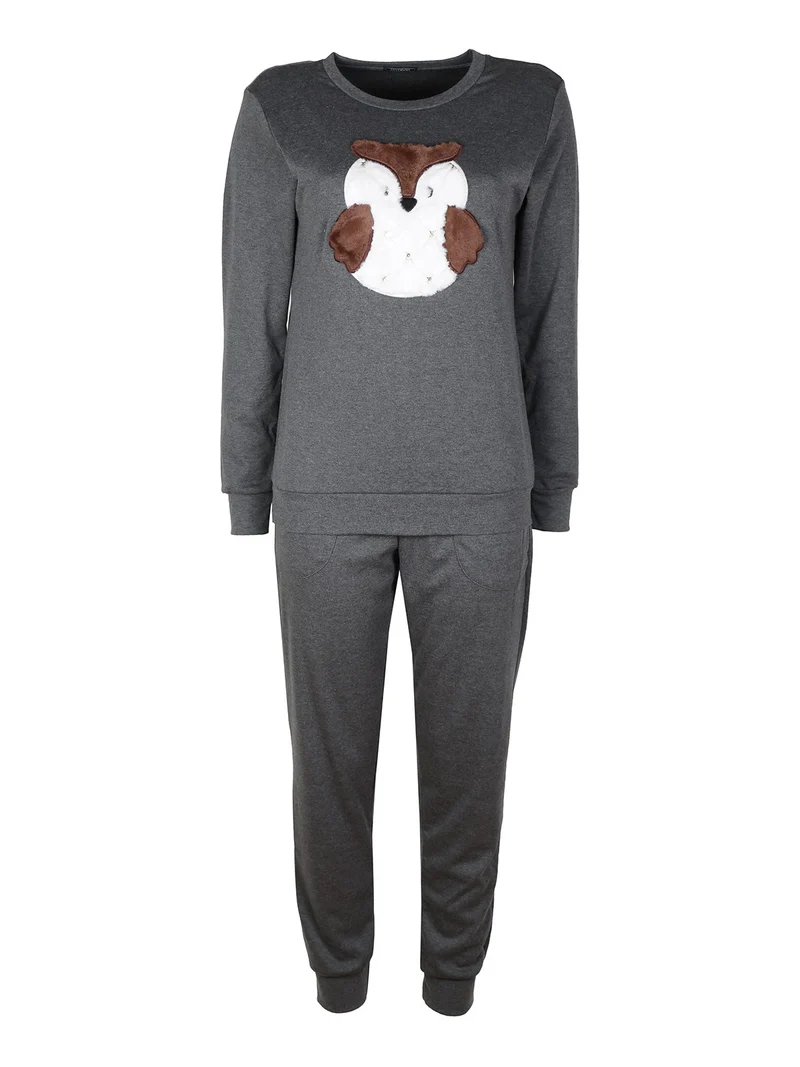 Pigiama lungo da donna in cotone interlock con stampa pelosa - grigio