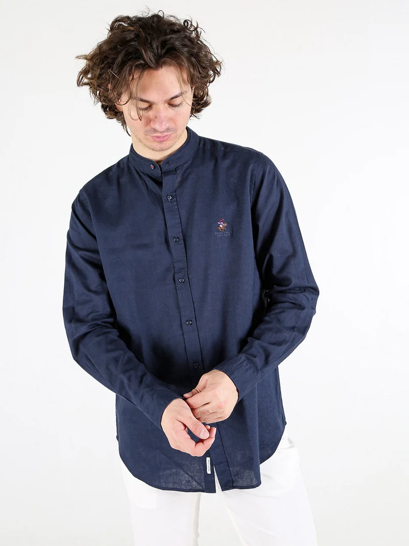 Camicia da uomo alla coreana in misto lino e cotone - blu scuro