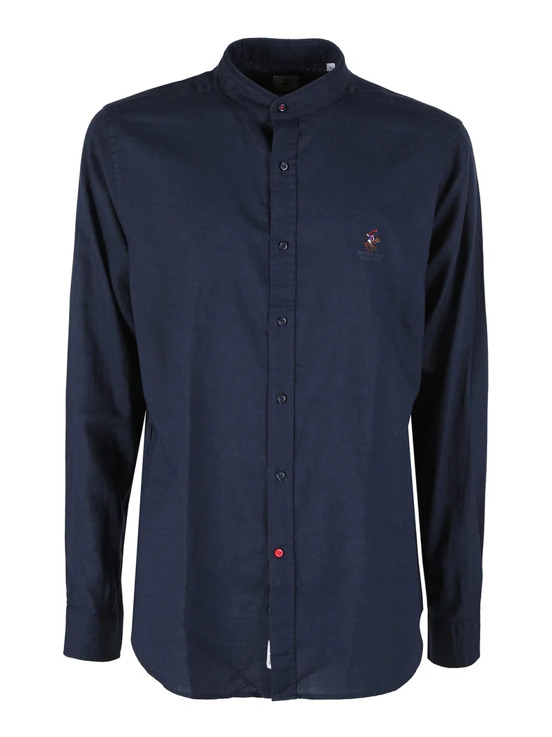 Camicia da uomo alla coreana in misto lino e cotone - blu scuro