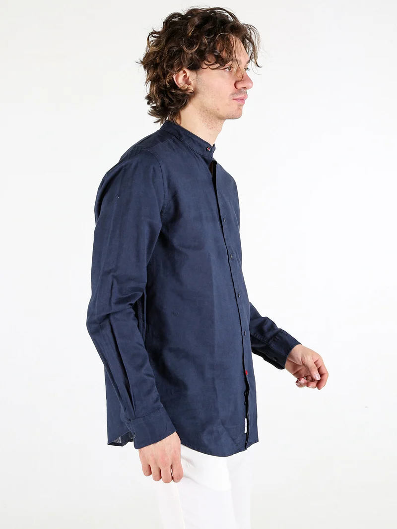Camicia da uomo alla coreana in misto lino e cotone - blu scuro