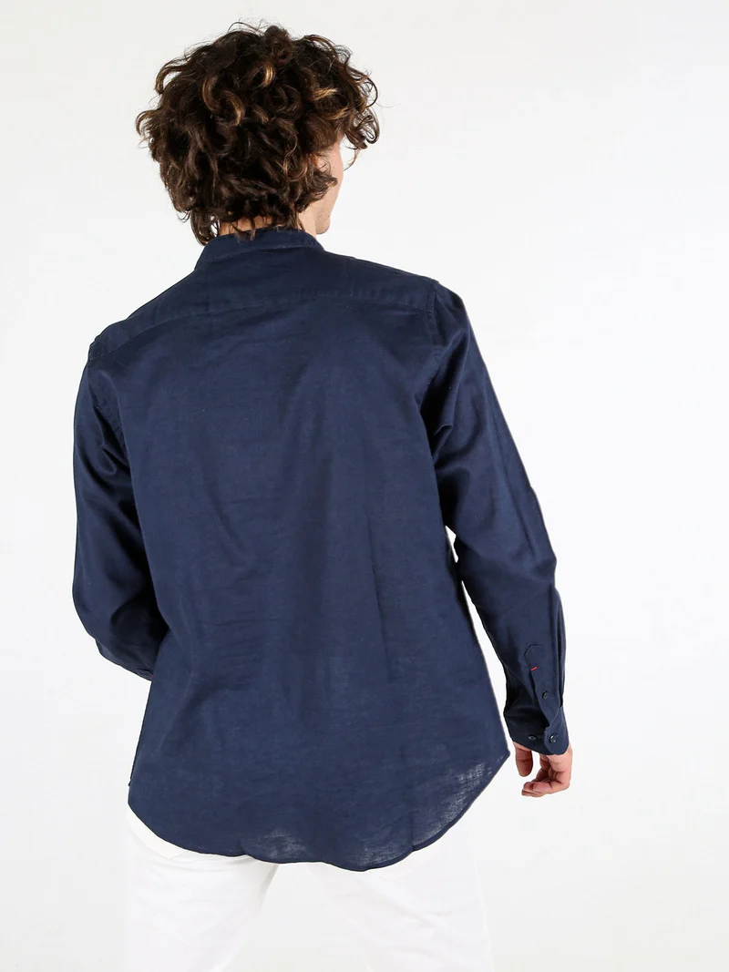 Camicia da uomo alla coreana in misto lino e cotone - blu scuro