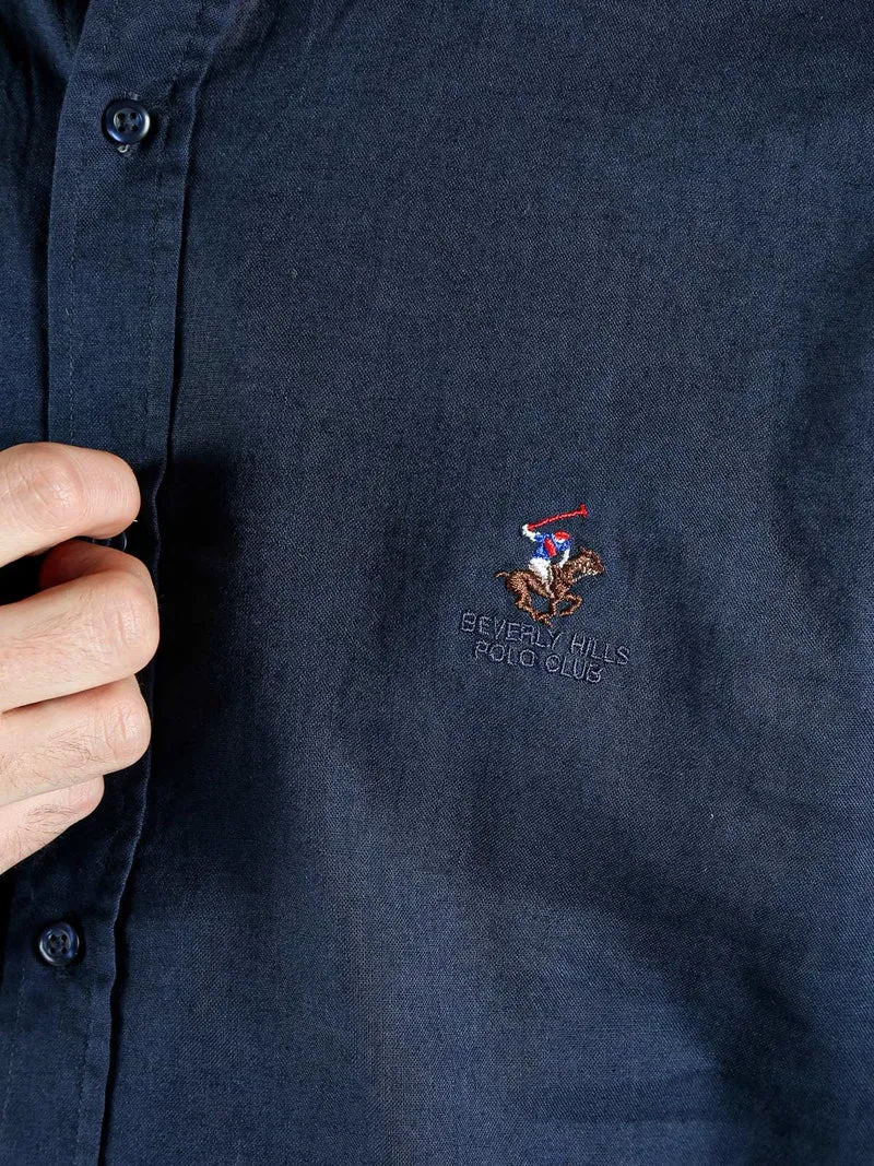 Camicia da uomo alla coreana in misto lino e cotone - blu scuro