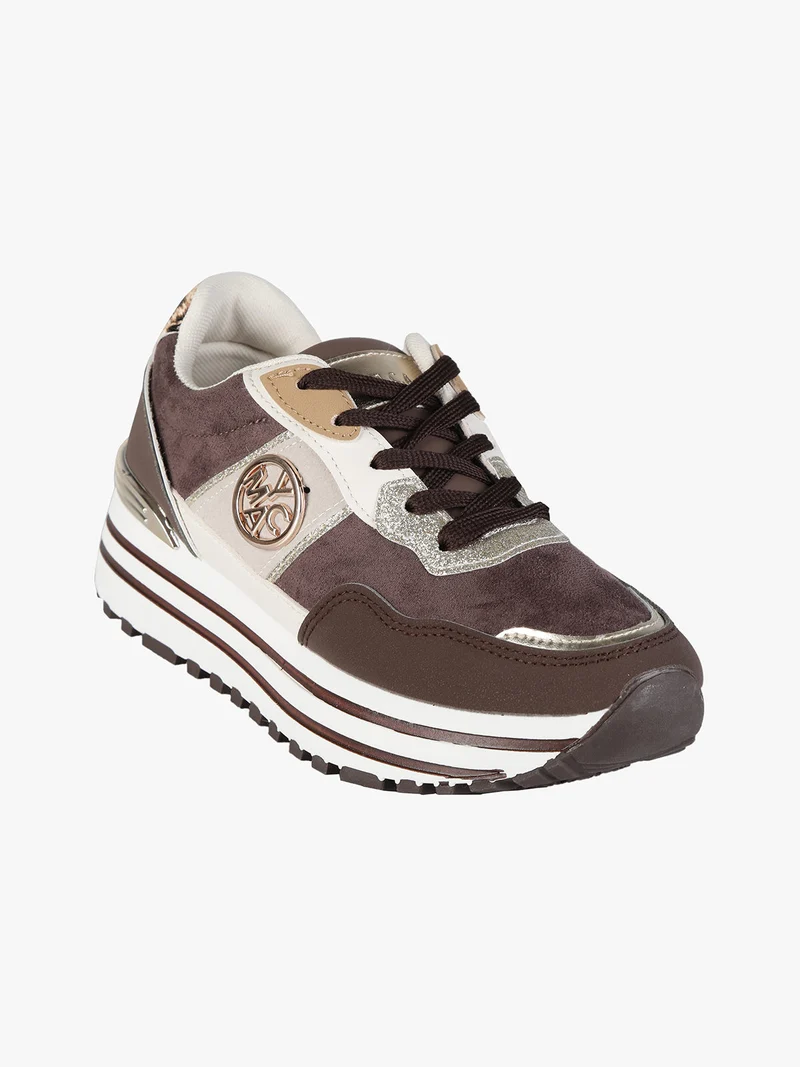 Sneakers donna stringate in tessuto scamosciato con platform - moro