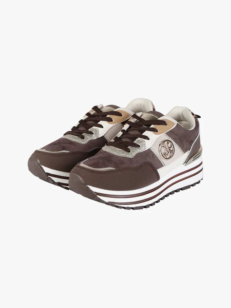 Sneakers donna stringate in tessuto scamosciato con platform - moro