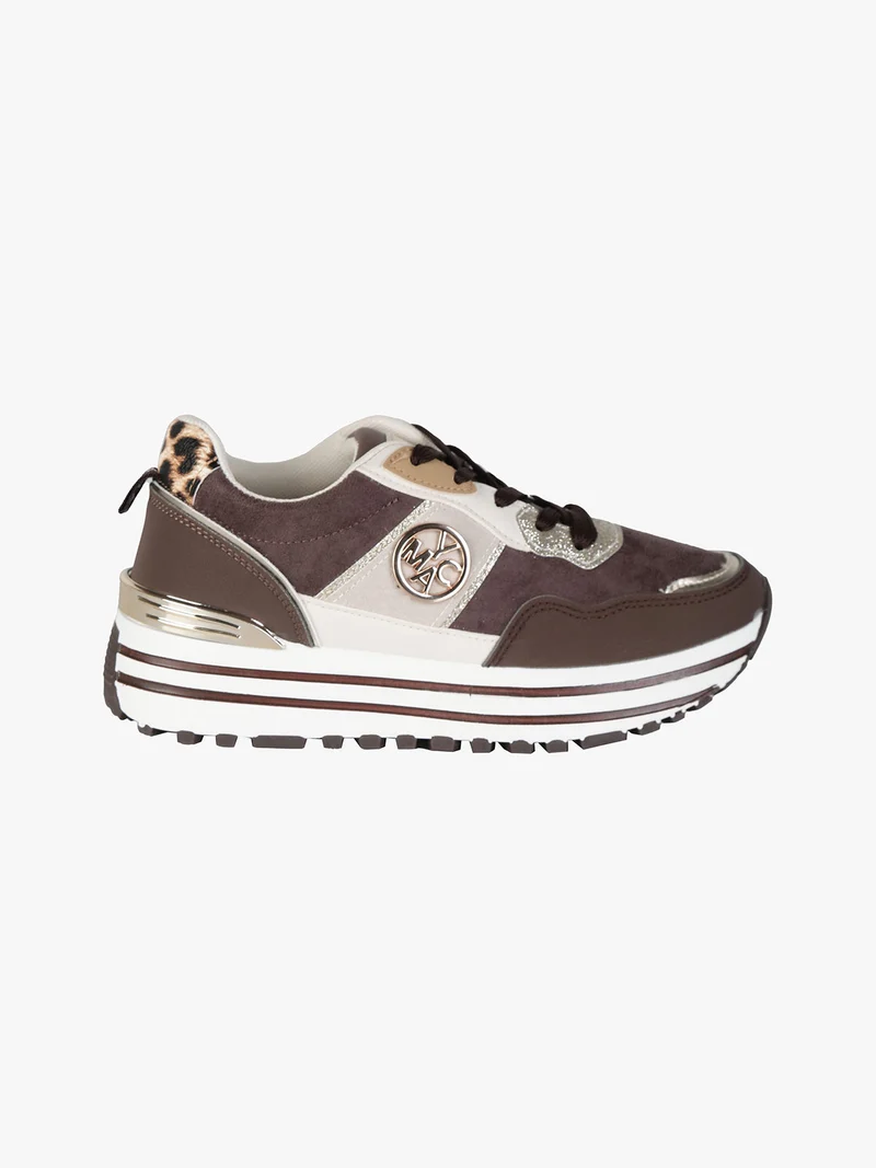 Sneakers donna stringate in tessuto scamosciato con platform - moro
