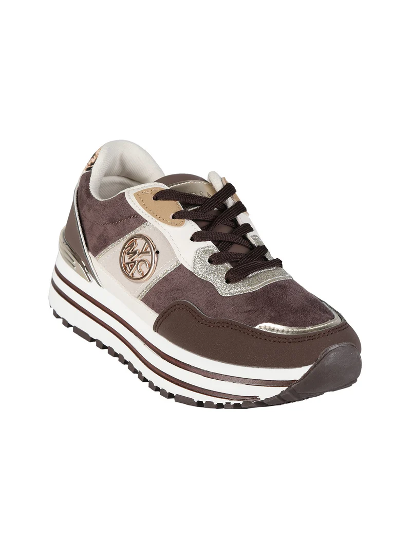 Sneakers donna stringate in tessuto scamosciato con platform - moro