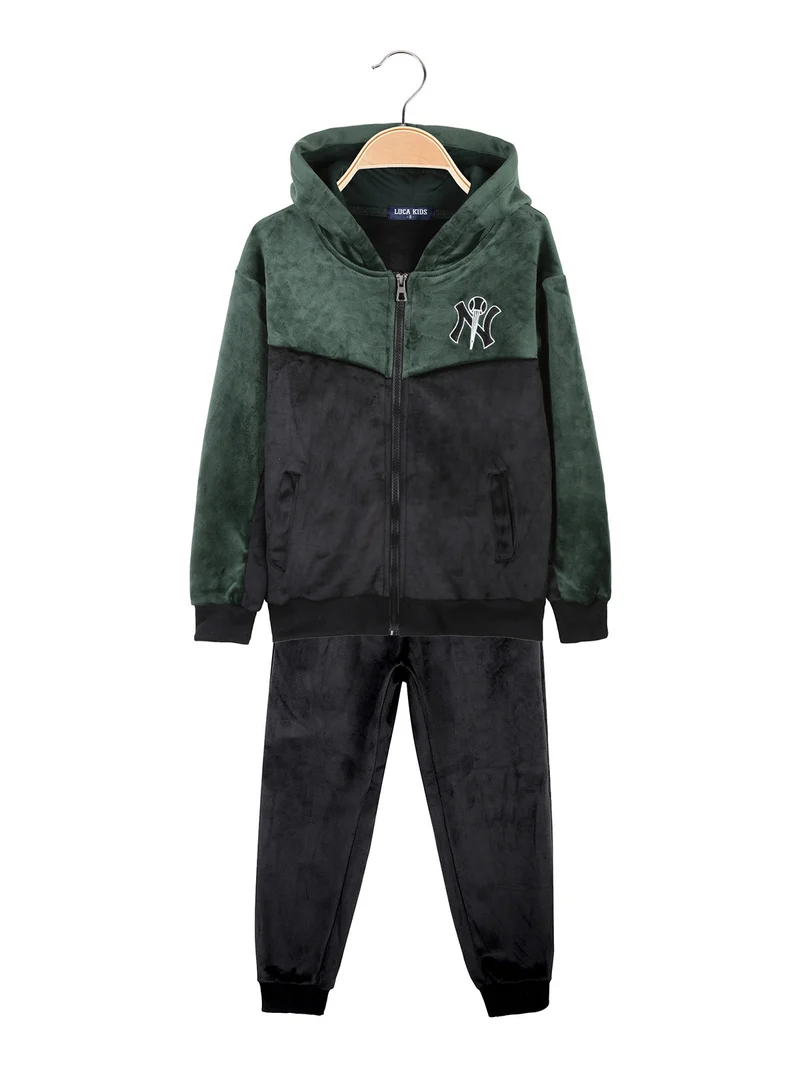 Completo 2 pezzi da bambino in ciniglia con cappuccio e zip - verde