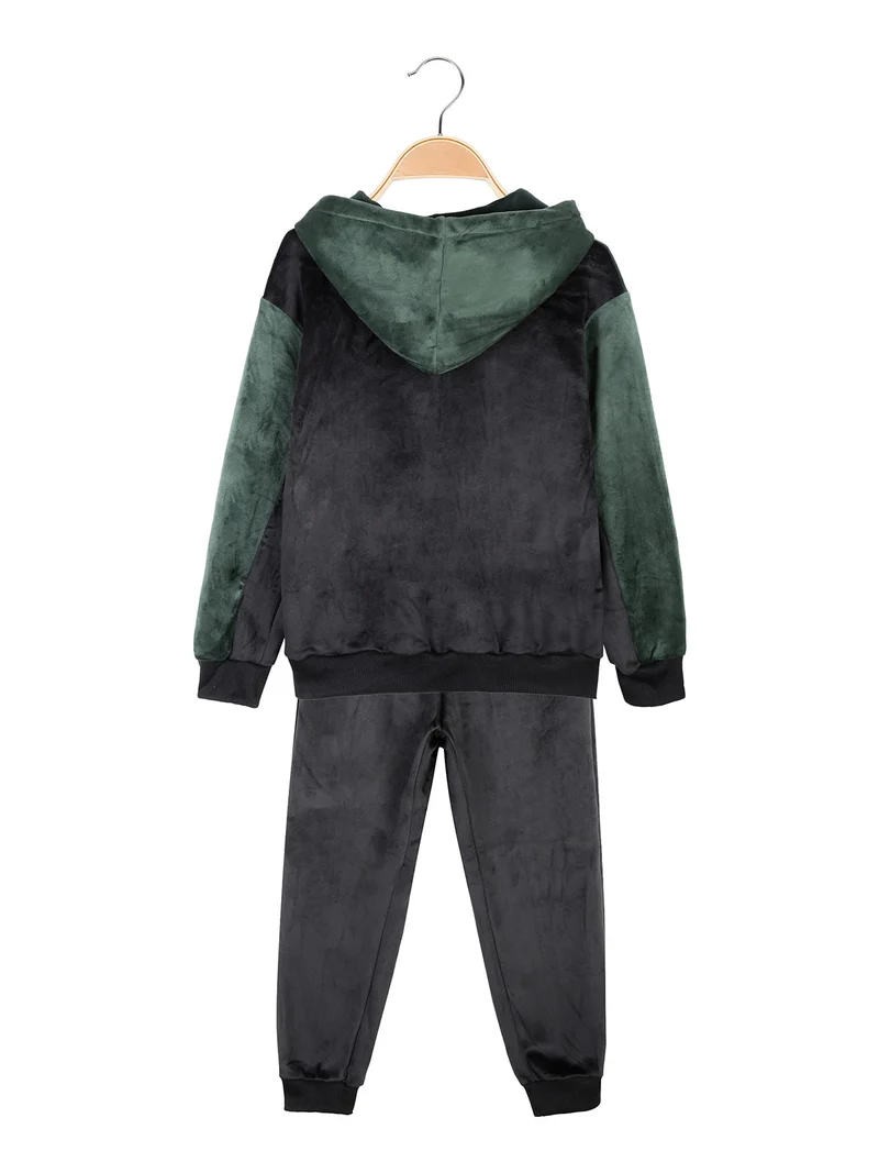 Completo 2 pezzi da bambino in ciniglia con cappuccio e zip - verde