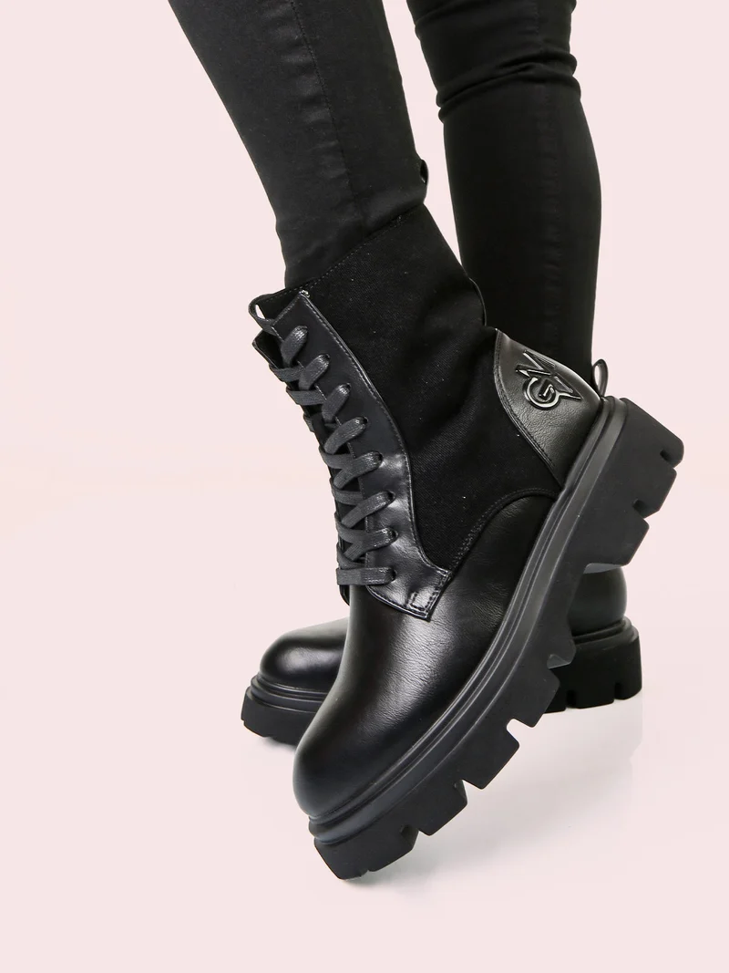 Anfibi donna chunky in ecopelle e velluto - nero