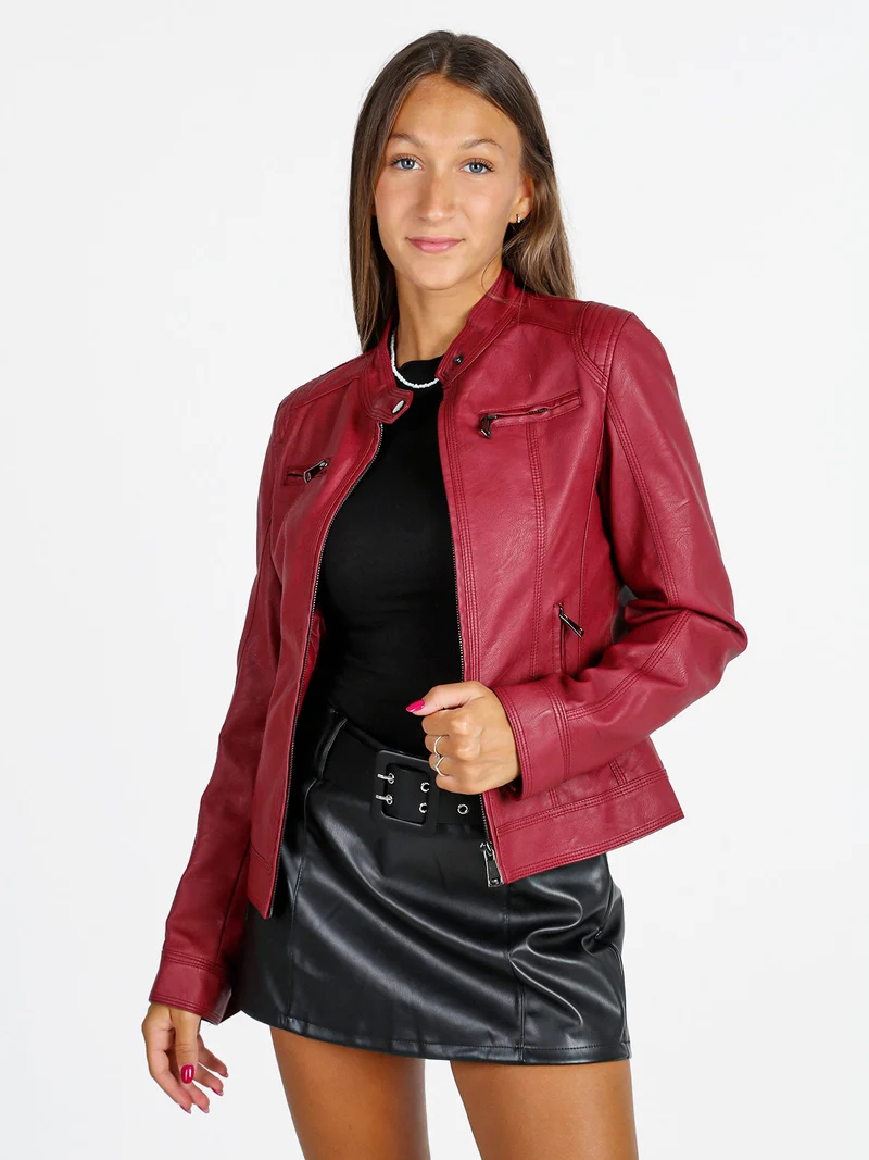 Giacca donna in ecopelle con zip - rosso