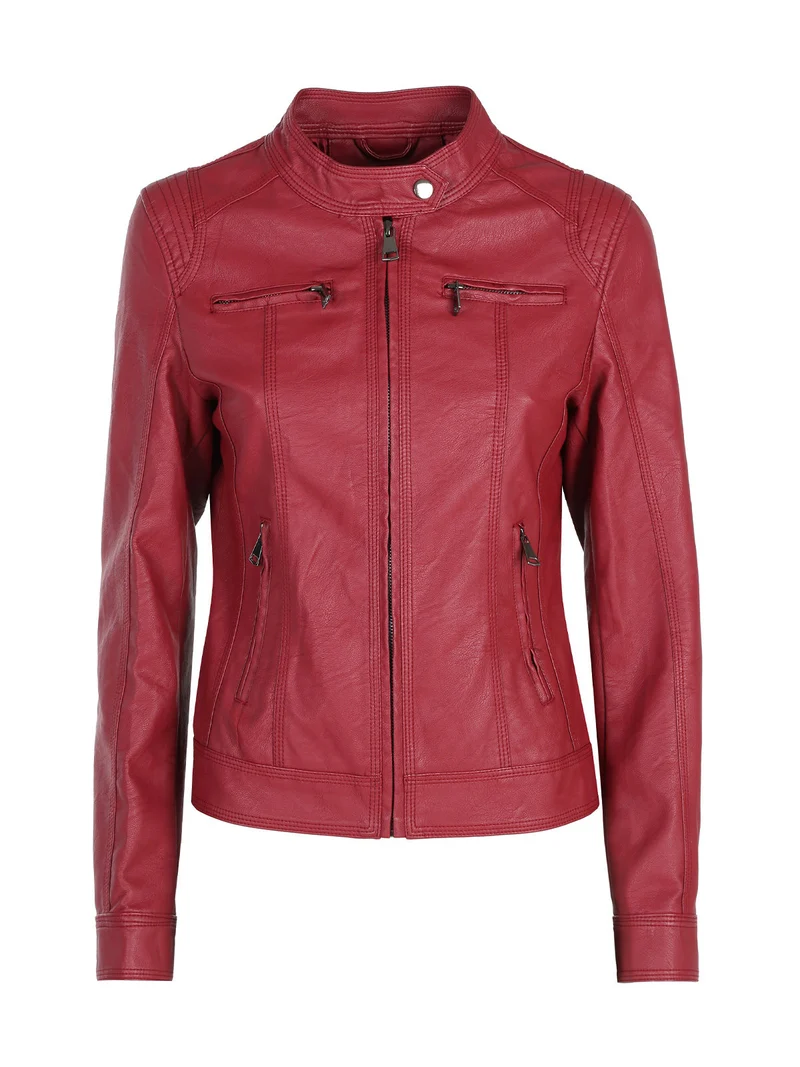 Giacca donna in ecopelle con zip - rosso