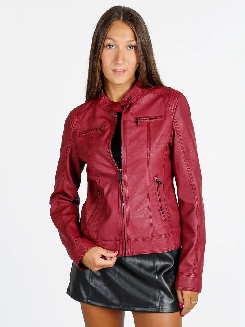 Giacca donna in ecopelle con zip - rosso